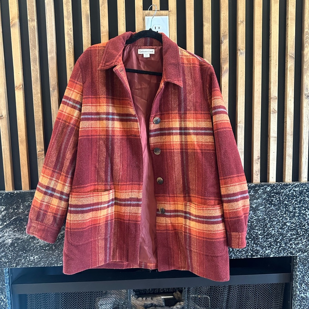 Vintage Coldwater Creek Plaid Pea Coat in Red and Orange